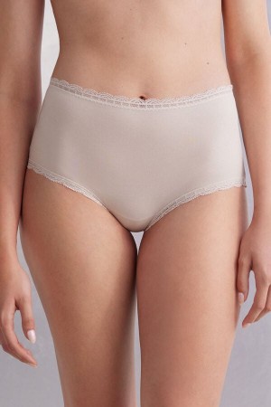 Bragas Intimissimi High Rise Cotton And Lace Hipsters Mujer Creme Rosas | CBFVH5842