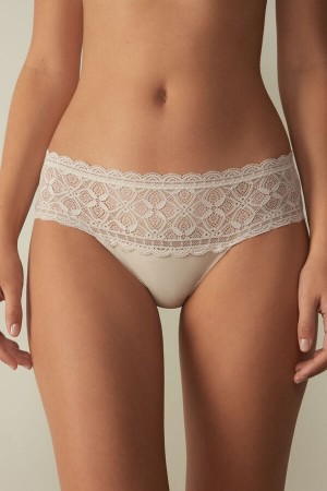 Bragas Intimissimi Lace And Cotton High Rise Mujer Creme Rosas | KHWEV9176