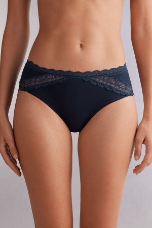 Bragas Intimissimi Semi-High Rise Cotton And Lace Mujer Azules | WLDZP3021