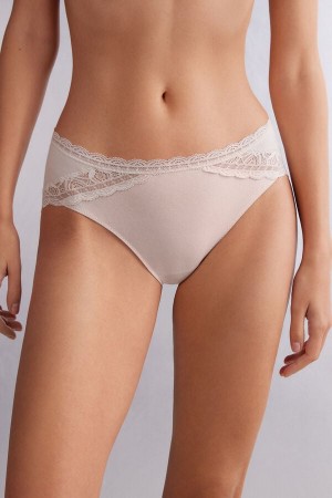 Bragas Intimissimi Semi-High Rise Cotton And Lace Mujer Creme Rosas | SUYKP4386