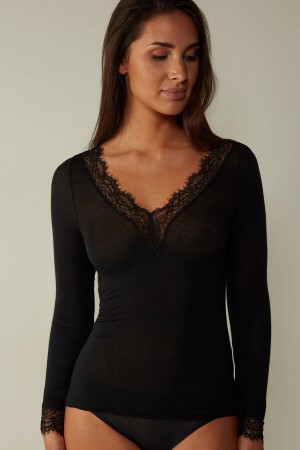 Camisa Intimissimi Modal Cashmere Ultralight Long Lace Mujer Negras | HZDQE5730