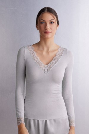 Camisa Intimissimi Modal Cashmere Ultralight Long Lace Mujer Gris | WJFID0582