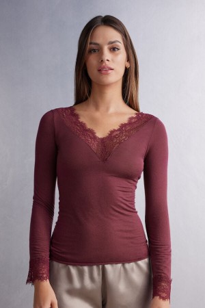 Camisa Intimissimi Modal Cashmere Ultralight Long Lace Mujer Rojas | VGOAJ0825