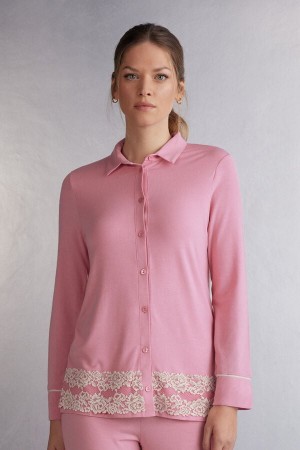 Camisa Intimissimi Pretty Flowers Button Up In Modal Mujer Rosas Blancas | DYCRE3492