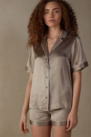 Camisa Intimissimi Silk With Contrast Trim Mujer Beige | WLKDH9032