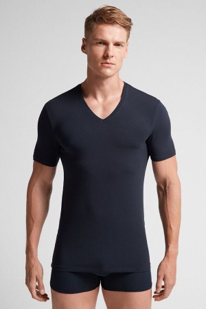 Camiseta Intimissimi Stretch Superior Cotton V-Neck Hombre Negras | LHYCW0685