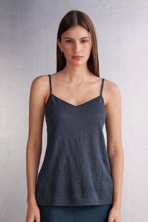 Camiseta sin Manga Intimissimi Linen V-Neck Mujer Azules | UMBZI0983