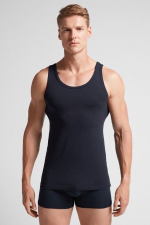 Camiseta sin Manga Intimissimi Round Neck In Stretch Superior Cotton Hombre Negras | XLRWA8756