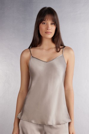 Camiseta sin Manga Intimissimi Silk Satin With V-Neckline Mujer Beige | DZXIN5062