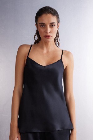 Camiseta sin Manga Intimissimi Silk Satin With V-Neckline Mujer Negras | KJPMH3870