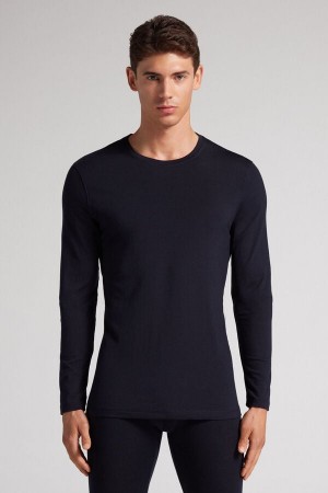 Camisetas Manga Larga Intimissimi Crew-Neck Merino-Wool Hombre Negras | PNBST9018