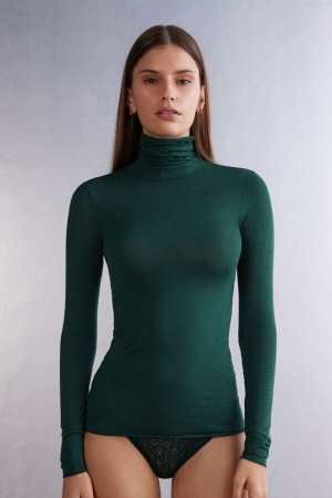 Camisetas Manga Larga Intimissimi Modal Cashmere Ultralight High-Neck Mujer Verde | KMZXT6702