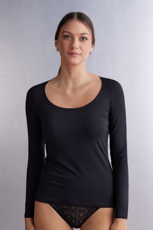 Camisetas Manga Larga Intimissimi Scoop Neck In Micro-Modal Mujer Negras | GVJAE8751