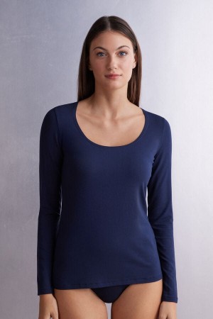 Camisetas Manga Larga Intimissimi Scoop Neck In Micro-Modal Mujer Azules | IBFPA7085