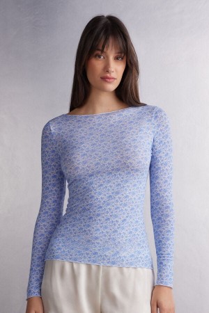 Camisetas Manga Larga Intimissimi Sweet Talking Bateau Neck In Modal Ultralight With Cashmere Mujer Flores | TUHAB1248