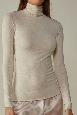 Camisetas Manga Larga Intimissimi Turtleneck In Modal Light With Cashmere Lamé Mujer Creme Blancas | UWQMF5463