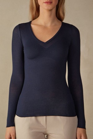 Camisetas Manga Larga Intimissimi V-Neck Top In Modal Ultralight With Cashmere Mujer Azules | QWMCH7014