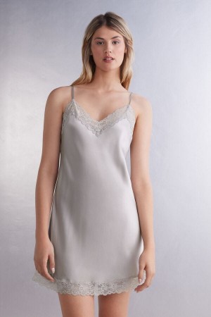 Pijama Intimissimi Silk Slip With Lace Insert Detail Mujer Gris | HXINB9751