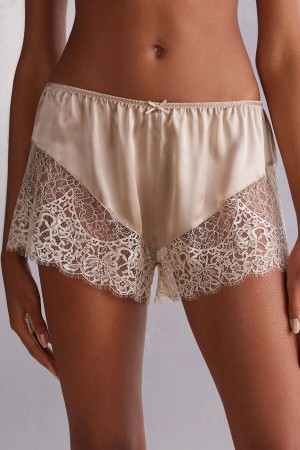 Short Intimissimi Living In Luxe Silk And Lace Mujer Beige | HVKGC5701