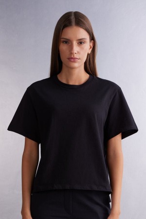 Short Sleeve Intimissimi Boxy Fit Cotton Mujer Negras | ITVSN1379