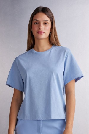 Short Sleeve Intimissimi Boxy Fit Cotton Mujer Azules | MQTNI0649