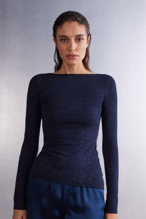 Suéter Intimissimi Crewneck In Modal Light With Cashmere Lamé Mujer Azules | UCFNQ9048