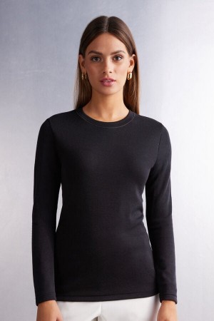 Suéter Intimissimi Wool Cotton Crewneck Mujer Negras | PRQES6314