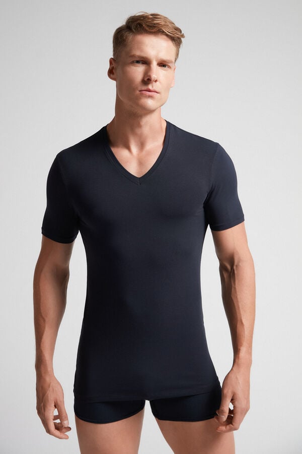 Camiseta Intimissimi Stretch Superior Cotton V-Neck Hombre Negras | LHYCW0685