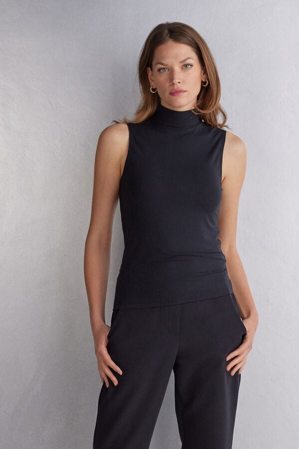 Camiseta sin Manga Intimissimi Sleeveless Turtleneck Micromodal Mujer Negras | FGISX7489