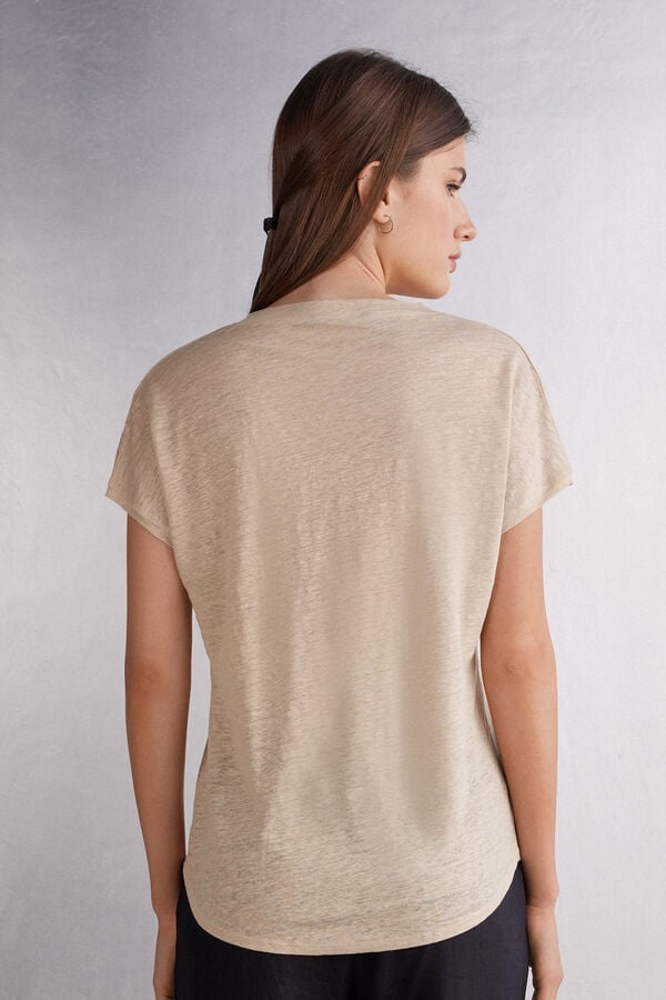 Short Sleeve Intimissimi Linen V-Neck Mujer Beige | TZNFU0986