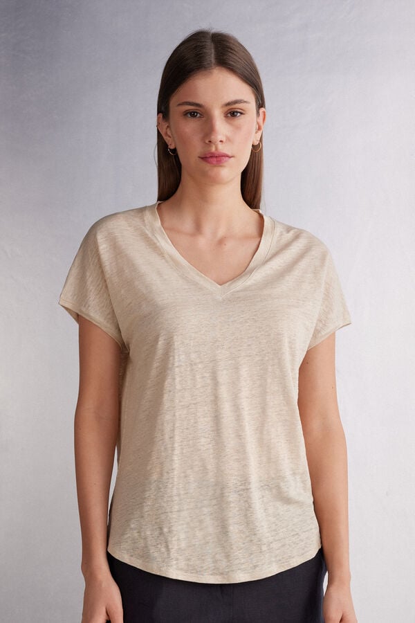 Short Sleeve Intimissimi Linen V-Neck Mujer Beige | TZNFU0986